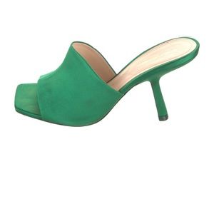 Nichole Kirkwood Green satin slides 39.5, like new